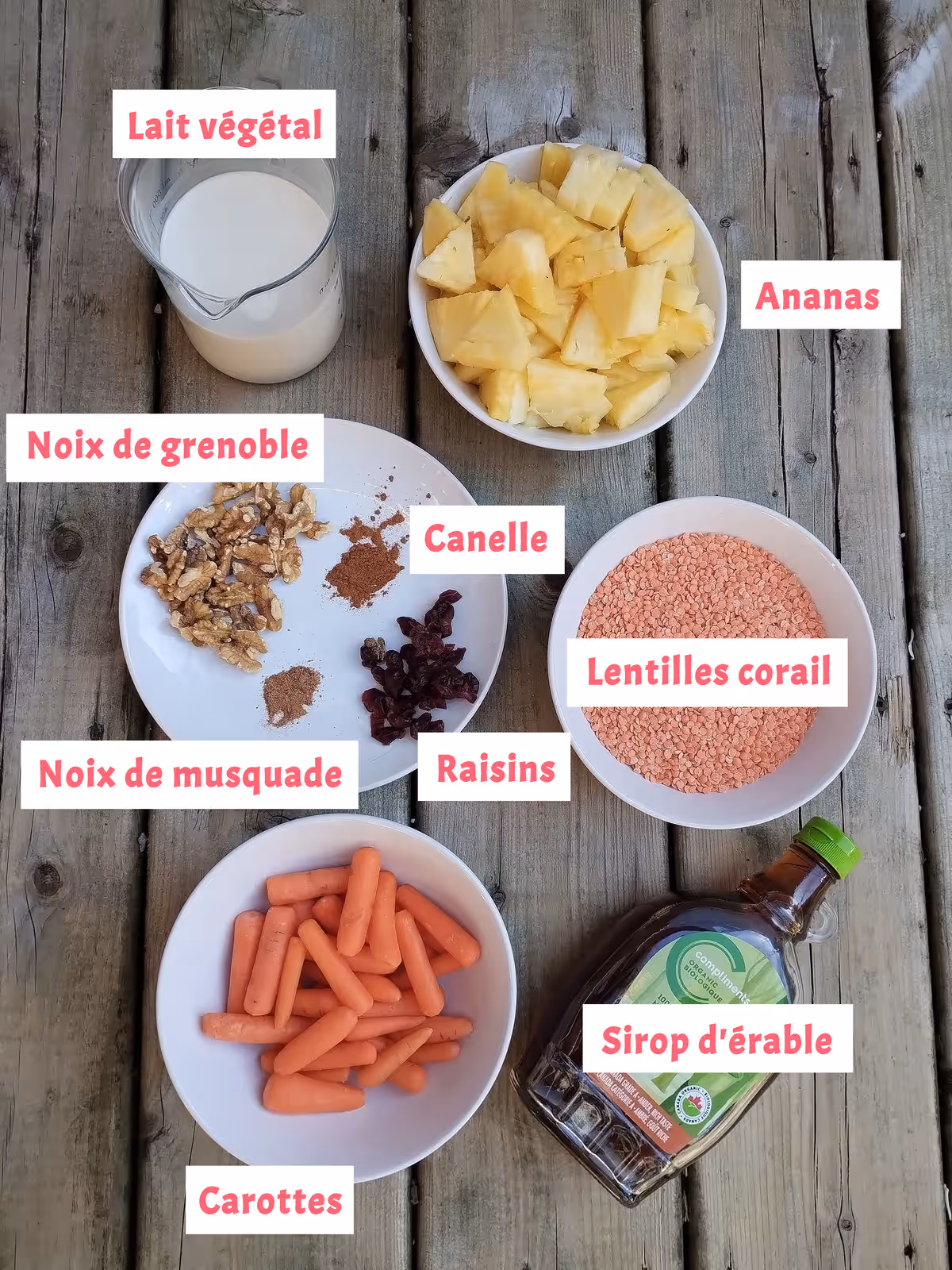 Ingrédients pour la recette des lentilles carottes fruitées